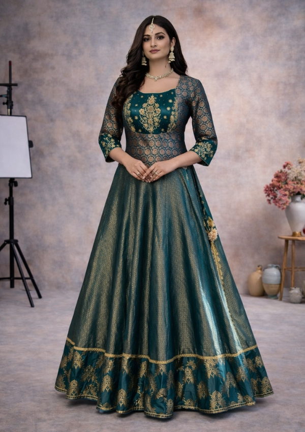 Teal Green Brocade Silk Lehenga